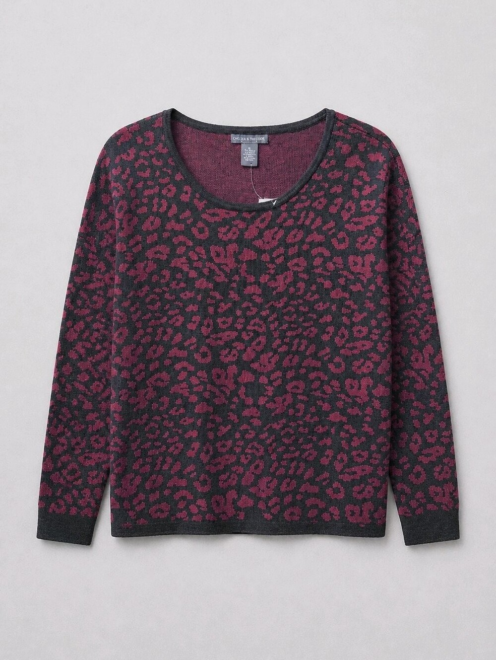 Chelsea & Theodore NWT Black Burgundy Leopard-Print Crewneck Sweater Sz XL